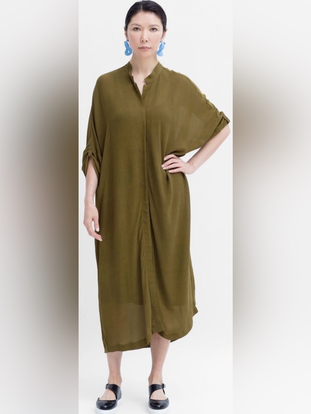 Elk Australia Olive Green Split-Neck Kaftan Maxi Dress Swim Cover Size M/L